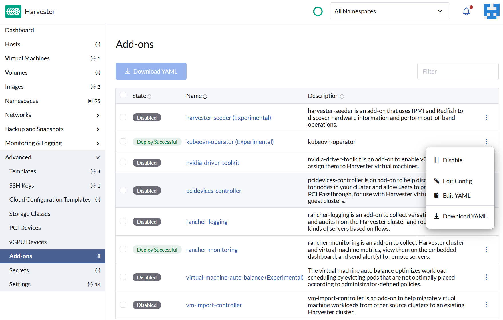 Harvester UI Add-ons page showing kubeovn-operator with Deploy Successful status