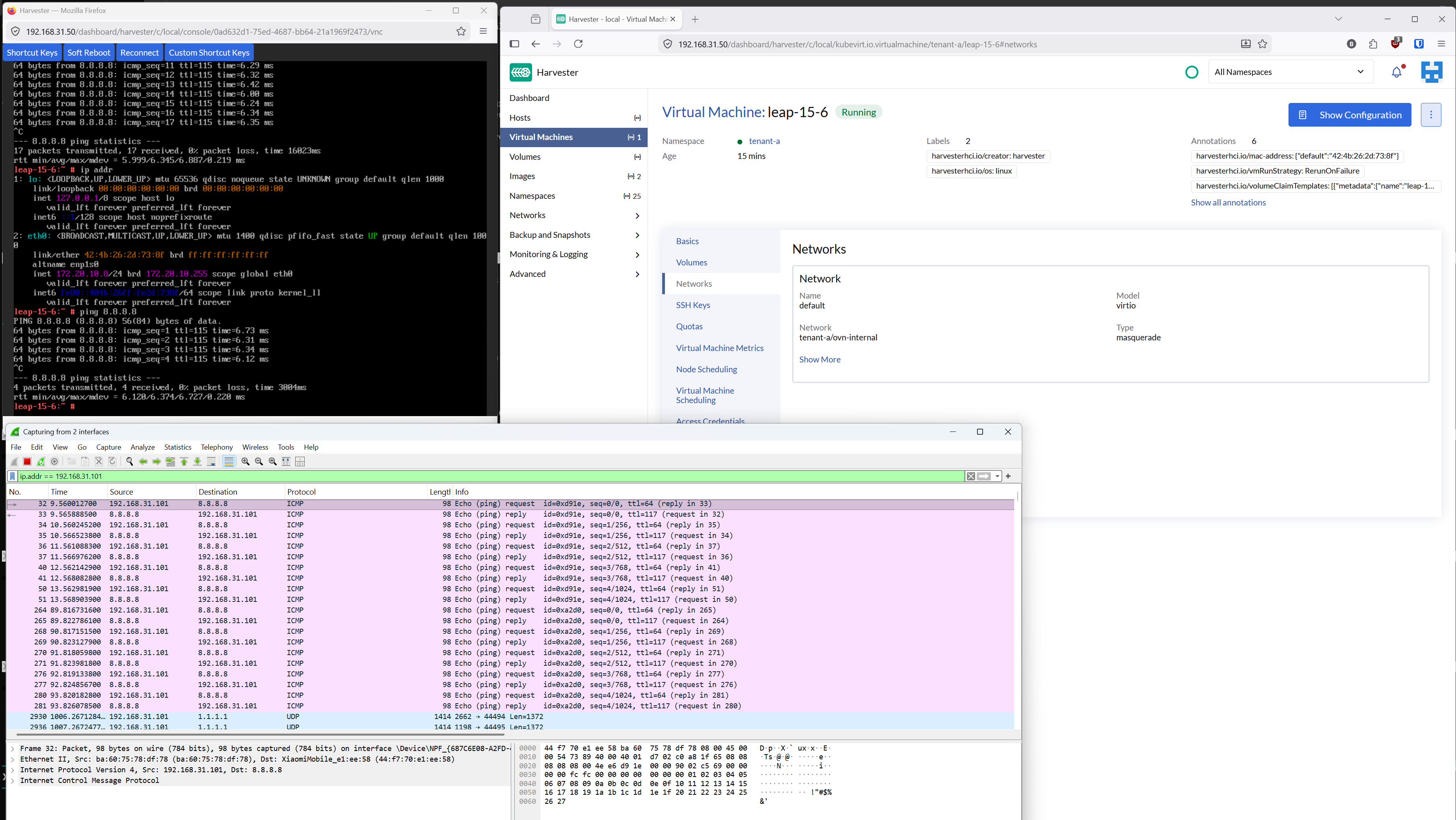 VM ping alongside Wireshark capture showing SNAT to 192.168.31.101