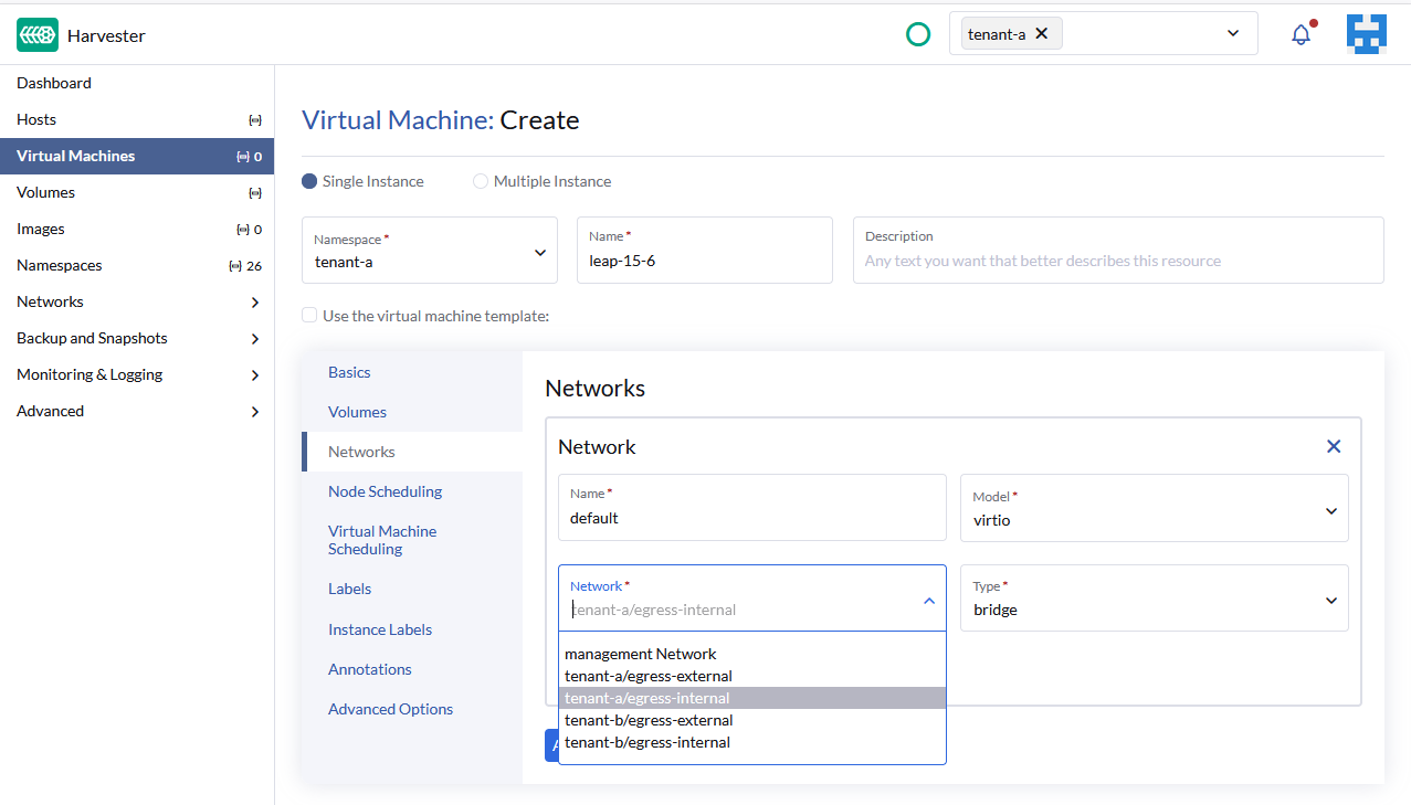 Harvester UI VM creation showing internal overlay network selection