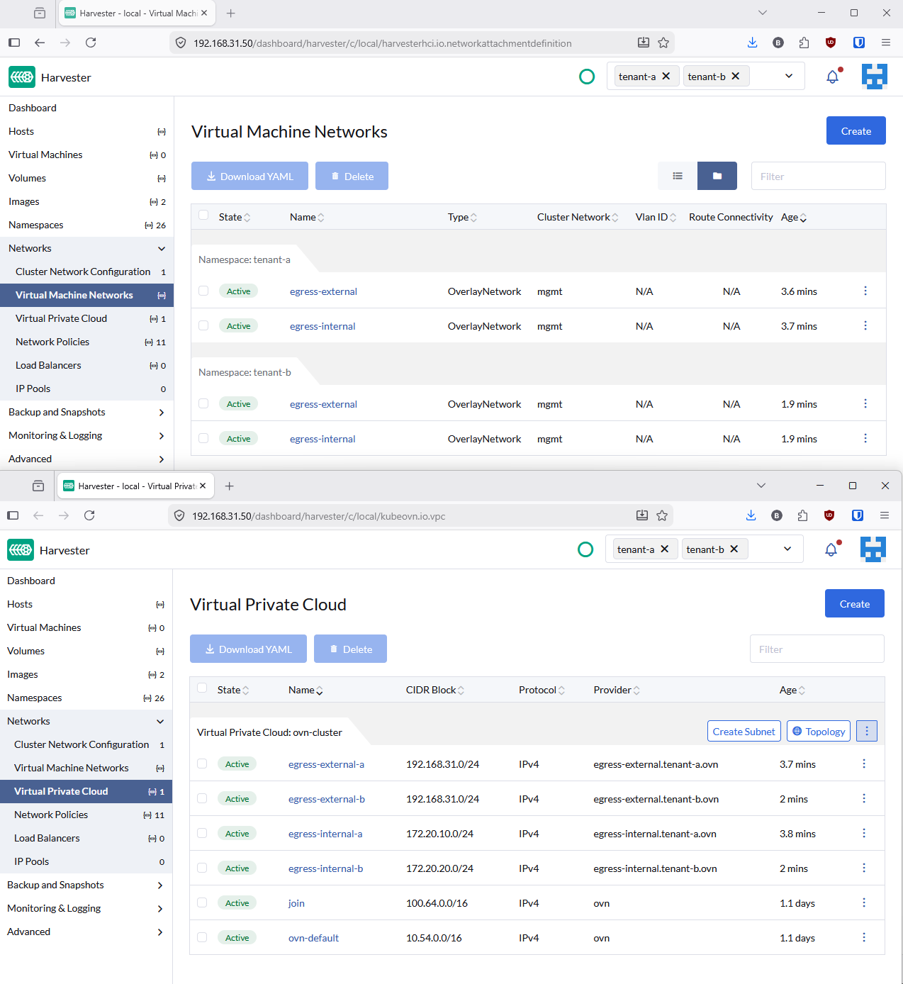 Harvester UI showing Virtual Machine Networks and Virtual Private Cloud for both tenants