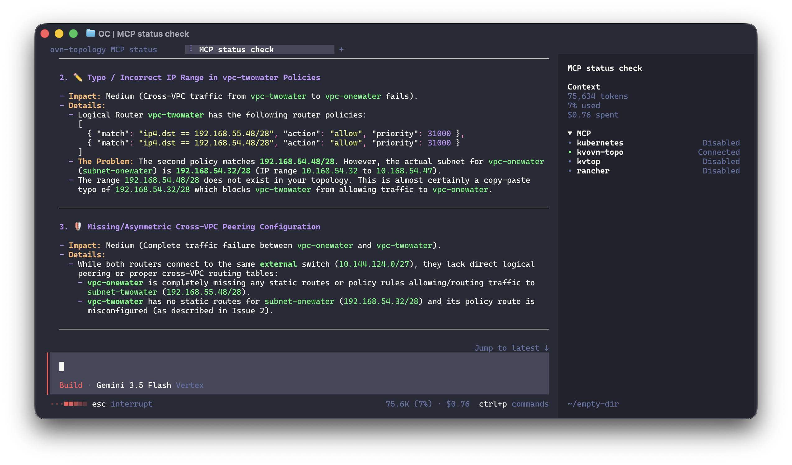 OpenCode report from the kvovn-topo MCP server : a router policy matching a subnet that does not exist, and missing routes between two VPCs
