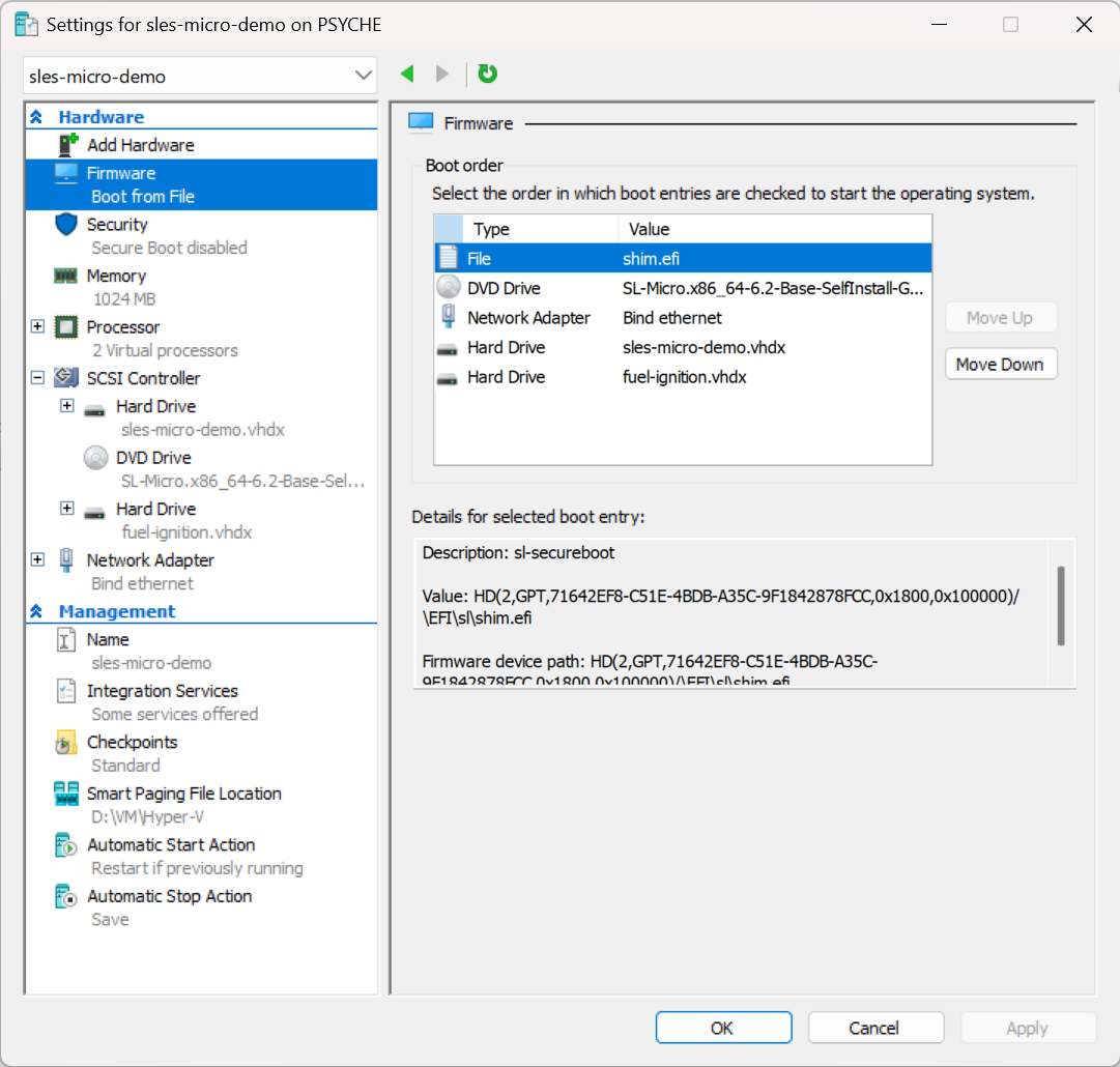 Hyper-V VM settings showing detached installer ISO and config VHDX before clean boot